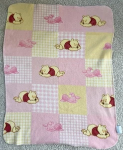 Disney Sleeping Winnie the Pooh & Piglet Baby Pink Squares Baby Blanket - Picture 1 of 3