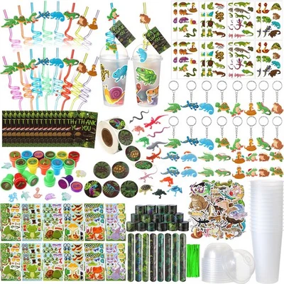 Juego de 212 piezas de regalos de fiesta de reptiles incluye taza paja sello aplaudir pulsera llavero... Foto 1 de 4