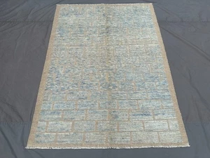 5' x 6'8" Modern Afghan Gabbeh Rug Hand-Knotted Soft Pile Blue Brick Pattern Rug - Picture 1 of 11