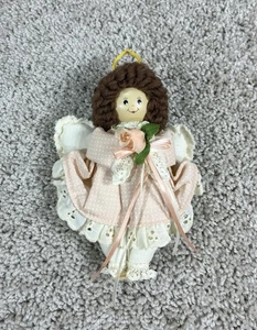 Vintage Handarbeit Stoff Engel Ornament 7" Holzkopf Spitze Kleid Weihnachtsdeko - Bild 1 von 7