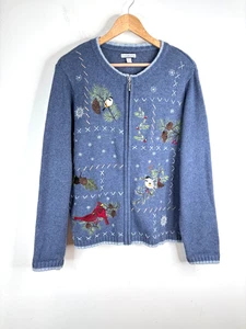 Vintage 90er bestickte Weihnachts Strickjacke XL Vogel Kardinal Schneeflocke blau Oma - Bild 1 von 10