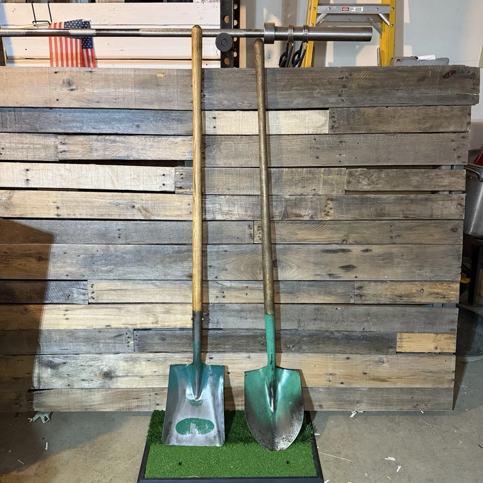 Pair of Vintage USA Made Green Tempered Steel Shovels – Square & Round Point - Image 1 of 4
