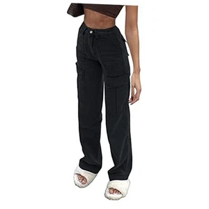 Women's Y2K Fashion Wide Leg High Waist Loose Fit Cargo Jeans Denim Small Black - Picture 1 of 7