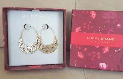 Lucky Brand Earrings Filigree Half  Hoops Gold/Brass Color NEW in Box Steampunk - Image 1 of 4