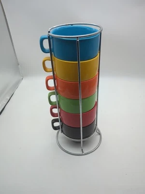 Pier 1 Ceramic Stackable Coffee Soup Mugs Set of 6 Multicolor With Stand - Image 1 of 4