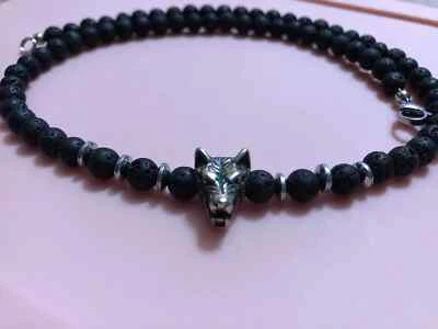 Collana Girocollo Uomo Pietra dura Naturale Lupo in acciaio Lava Teen Wolf 6mm - Immagine 1 di 4