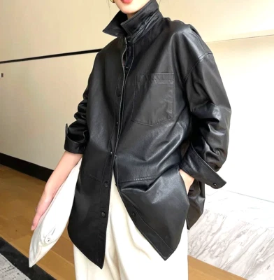Real Lambskin Leather Shirt Womens Black Long Oversized Relaxed Fit XS-5XL Lined - Image 1 of 4