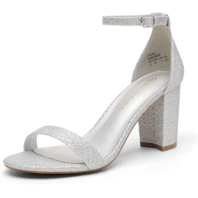 Dream Pairs Silver Glitter Block Heel Sandals Ankle Strap Evening Bride Shoes 8 - Image 1 of 4