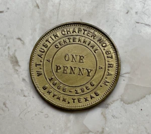 Bryan Texas TX WT Austin Kapitel Nr. 87 Freimaurer Freimaurer Penny Medaille - Bild 1 von 2