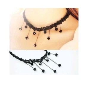 Negro BORLA DIJE COLGANTE Terciopelo Encaje Gargantilla CORDÓN Collar Boda Fiesta Cadena - Imagen 1 de 3