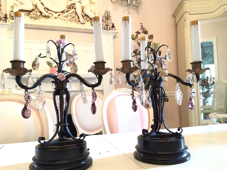 pair antique french candelabra lamps girandoles chandelier lamps porcelain roses - Image 1 of 4