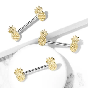 Pair of 14 GA 9/16 Inch Barbell Gold Ion Pineapple Ends Nipple Shield Ring F177 - Picture 1 of 2
