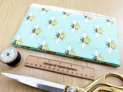 FABRIC REMNANT - Bumble Bees on Green Rose & Hubble Cotton Fabric - 1m Length - Image 1 of 4