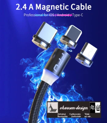 LED Ladekabel 3m lang Magnetisch Micro USB Android Typ C Lightning Apple iPhone - Bild 1 von 3
