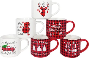 Ceramic Christmas Mugs Set of 6, 16Oz Red Black Plaid Christmas Coffee Mugs, Sta - Picture 1 of 7