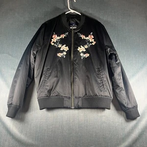 American Eagle Outfitters Women Bomber Jacket Size XL Black Floral Acrylic Lined - Picture 1 of 13