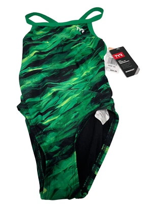 Maiô TYR Feminino Tamanho 24 VERDE PRETO NOVO SEM ETIQUETAS LISTRAS NATAÇÃO Peça Única - Imagem 1 de 4