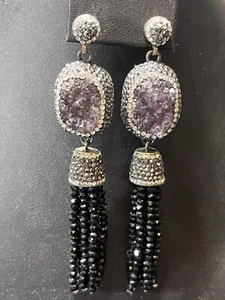 Vintage Purple Druzy Quartz Statement Earrings Sterling Silver 4" Long - Picture 1 of 12