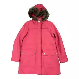 J Crew Wool Coat Women's Size 2 Pink Faux Fur Hood Barbiecore - Picture 1 of 8
