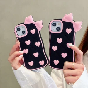Cute 3D Love Heart Bow Cover for iPhone 13 /14 /15 16 Pro Max Soft Silicone Case - Picture 1 of 14