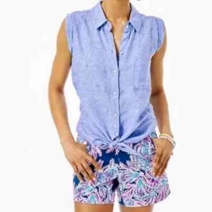 Lilly Pulitzer Breelyn 100% Linen Button-Down Top Blouse Beckon Blue Sz XS - Picture 1 of 9