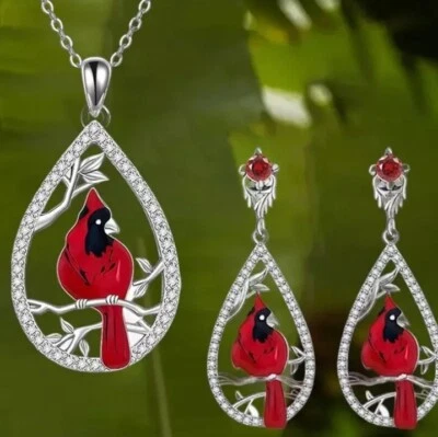 Conjunto de 3 peças de brincos e colar pendurados de zircão vermelho cardinal lágrima - Memorial - Imagem 1 de 4