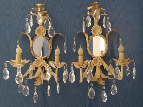 VTG (2) Mirrored French Victorian Tole Metal Candle Wall Sconces Crystals Beige Cover