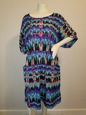 Stunning Fun Tessuto Turquoise Purple Pink Teal Plus Dress 3X 22 24 Abstracts - Image 1 of 4