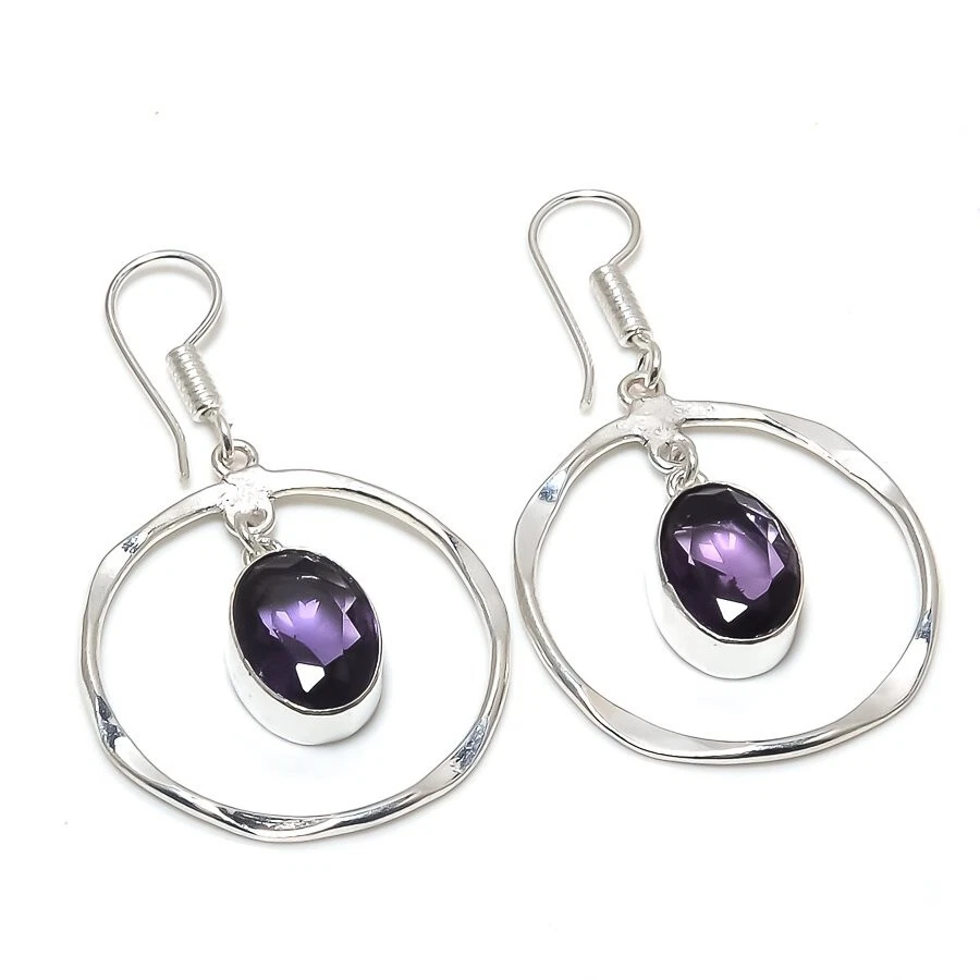 Purple Amethyst Gemstone Handmade 925 Sterling Silver Jwelery Earring Size 2" - Изображение 1 из 1