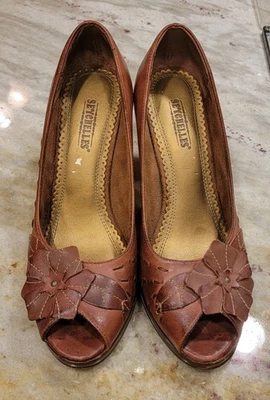 Seychelles Mujer Cuero Punta abierta Flor Bloque Tacón Talla 6.5 Foto 1 de 4