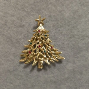 Broche prendedor de solapa de árbol de Navidad con estrás dorado firmado Tancer II rojo verde - Imagen 1 de 7
