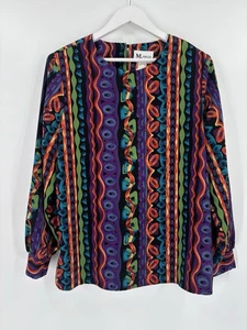 Vintage Maggie Sweet Blouse Womens Large Black Colorful Striped 90s Retro Button - Picture 1 of 17