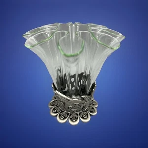 Vintage Glass Ruffled Handkerchief Vase With Pewter Hummingbird Base - Picture 1 of 14