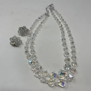 Vintage Aurora Borealis AB Glas Kristall Doppelstrang Halsband Halskette Ohrringe - Bild 1 von 7