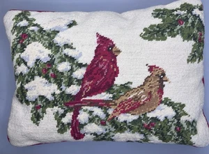 Vintage Wool Needle Point Pillow Pair Cardinals On Branch Cottage Core Christmas - Picture 1 of 6