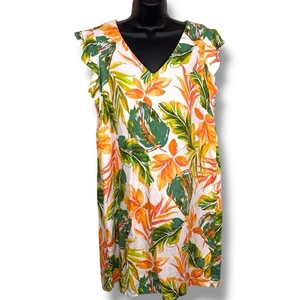 Medium Nicole Miller Linen Dress Tropical Floral Print Vneck Ruffle Accent - Picture 1 of 14