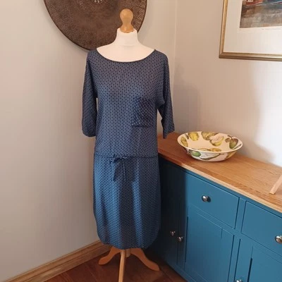 White Stuff Blue Black Geometric Print Tunic Dress 10 Drawstring Waist Autumn - Image 1 of 4