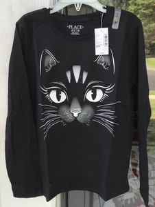 Girls Childrens Place M 7/8 Halloween CAT Face Graphic Black LS T-Shirt New A - Picture 1 of 7