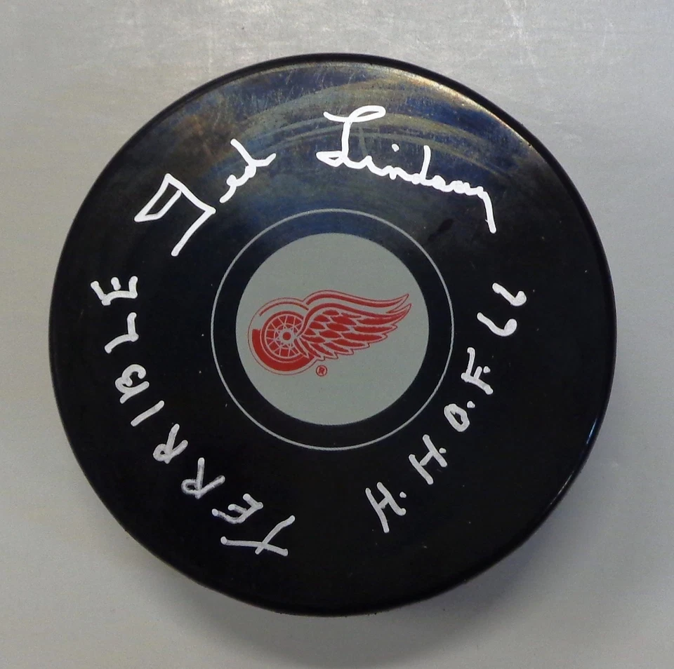 Шайба с автографом Теда Линдсея из Detroit Red Wings с надписью «Ужасный» и «HOF» Insc - Изображение 1 из 1