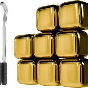 Gold Stainless Steel Chilling Stones Reusable Ice Cubes with Tongs For Whiskey - Picture 1 of 10