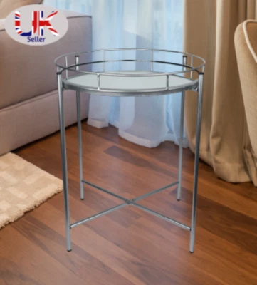 Silver Metal Side End Tray Table Round Coffee Table Removable Top Living Room - Image 1 of 4