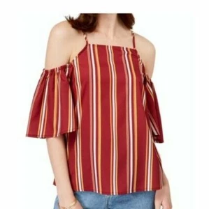 Crave Fame Almost Famous Cold Shoulder Wine Cream Stripe Top Juniors Large - Picture 1 of 7