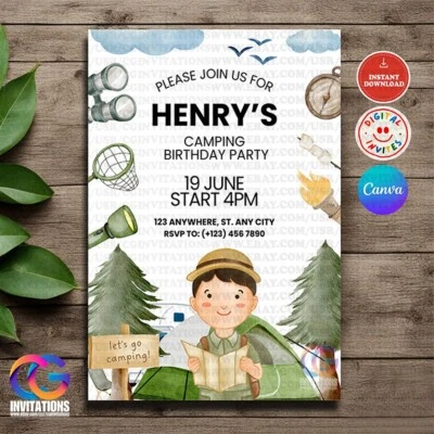 EDITABLE Campamento Cumpleaños Escuela Invitación, Amigos, Familia Picnic Campamento Tour Plantilla Foto 1 de 4