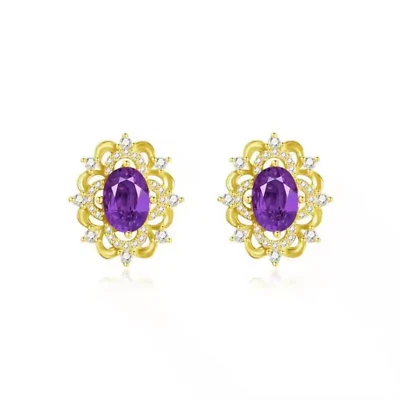 2.30 Ct Oval Cut Simulated Amethyst Cluster Stud Earring 14k Yellow Gold Plated - Image 1 of 4