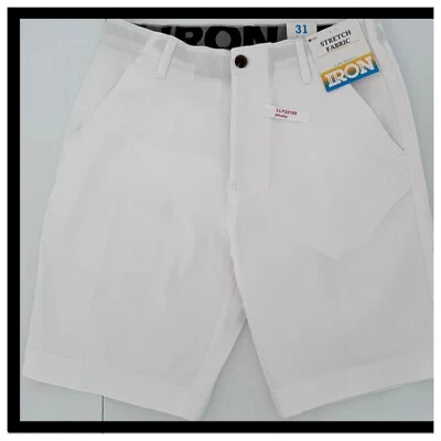 Shorts elásticos masculinos IRON CO (TAMANHO 31) cintura flexível frente plana BRANCO SÓLIDO novo - Imagem 1 de 4