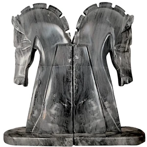 Set Serre-Livres Chevaux En Marbre Naturel Gris Italian Marble H 22 - Picture 1 of 5