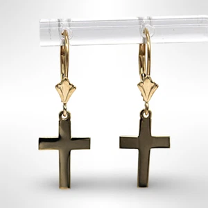 14K Yellow Gold Dangle Cross Hammer back Earrings - Picture 1 of 6