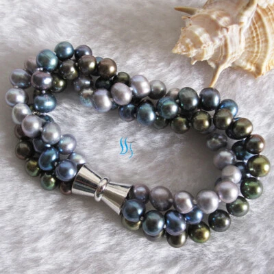 Pulsera de perlas de agua dulce 8" 6-8 mm gris pavo real oliva 3 filas Foto 1 de 3