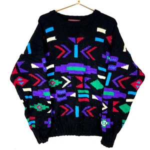 Vintage Chaps Ralph Lauren Hand Knit Wool Sweater XL Black Crewneck 90s - Picture 1 of 3