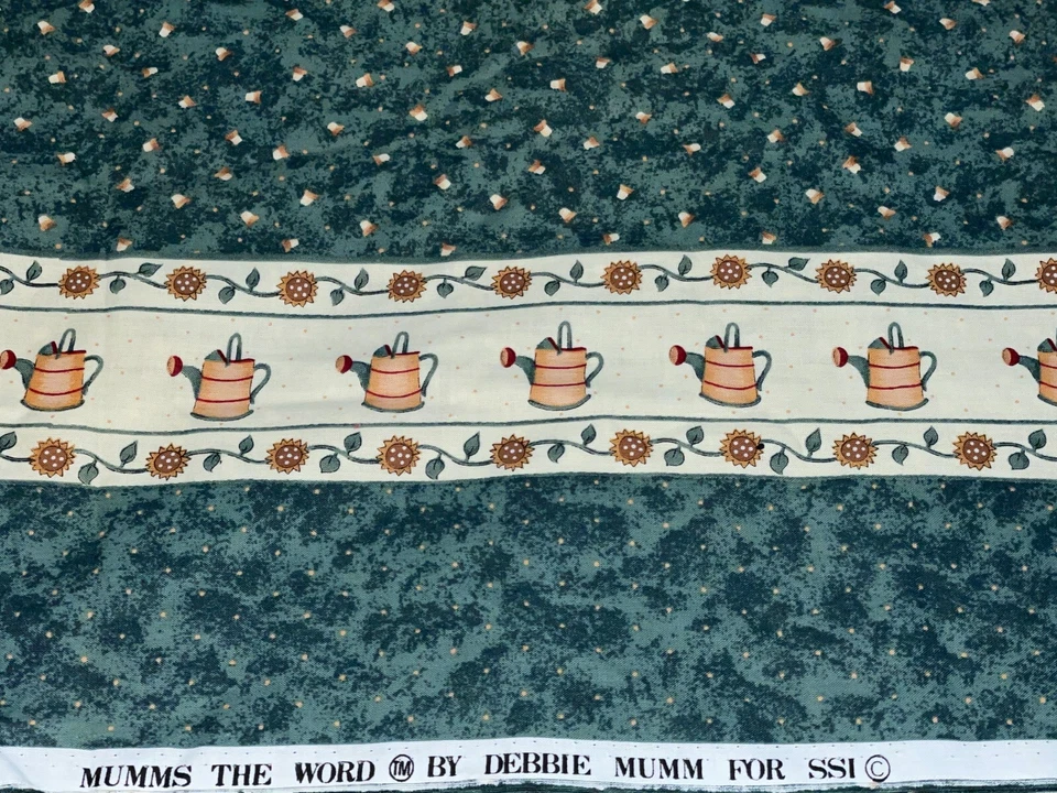 1 Yd Watering Cans Flower Pots Border Green by Debbie Mumm SSI Cotton Fabric - Image 1 of 4